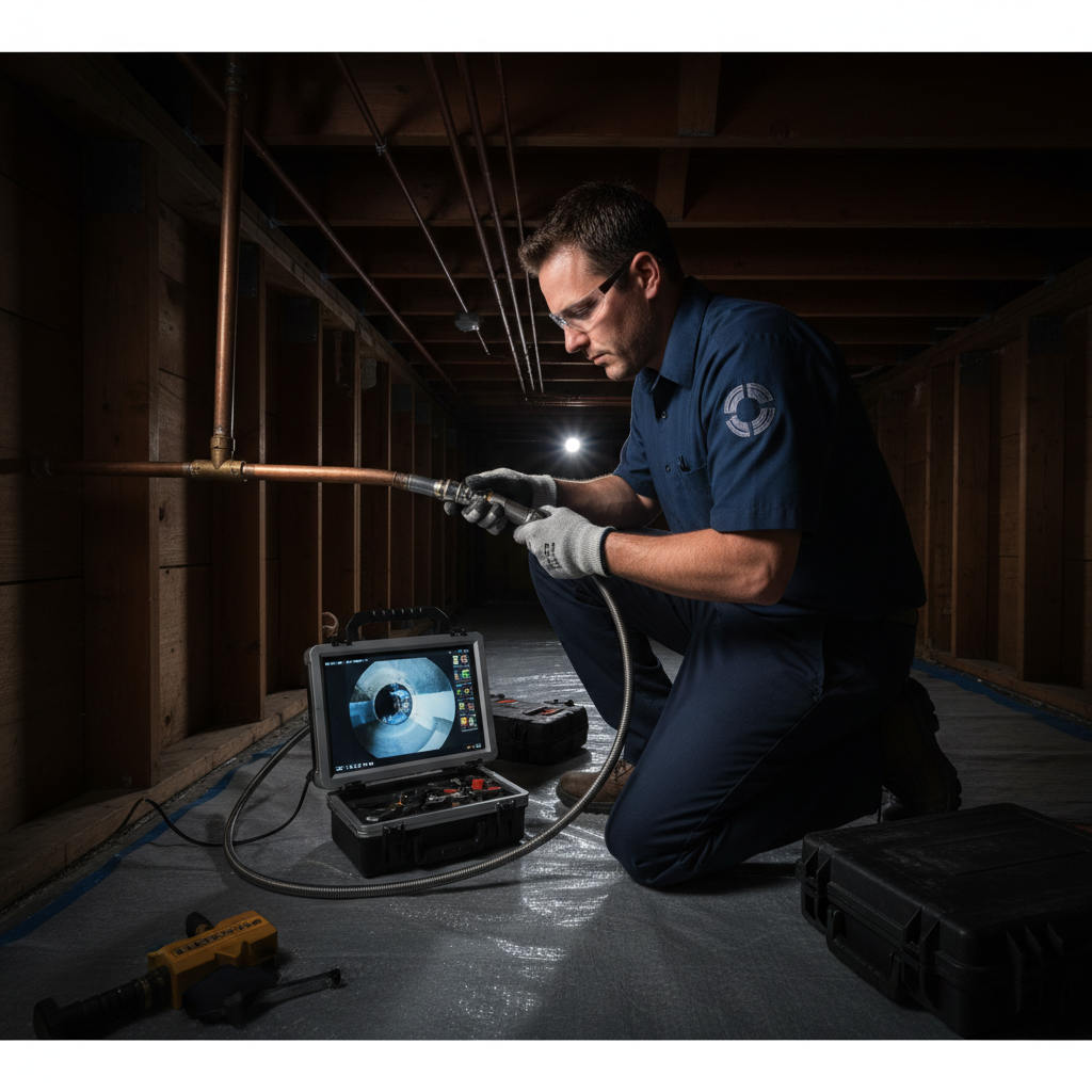 Professional Murgreen technician inspecting a damaged residential water pipe in Fresno, California.