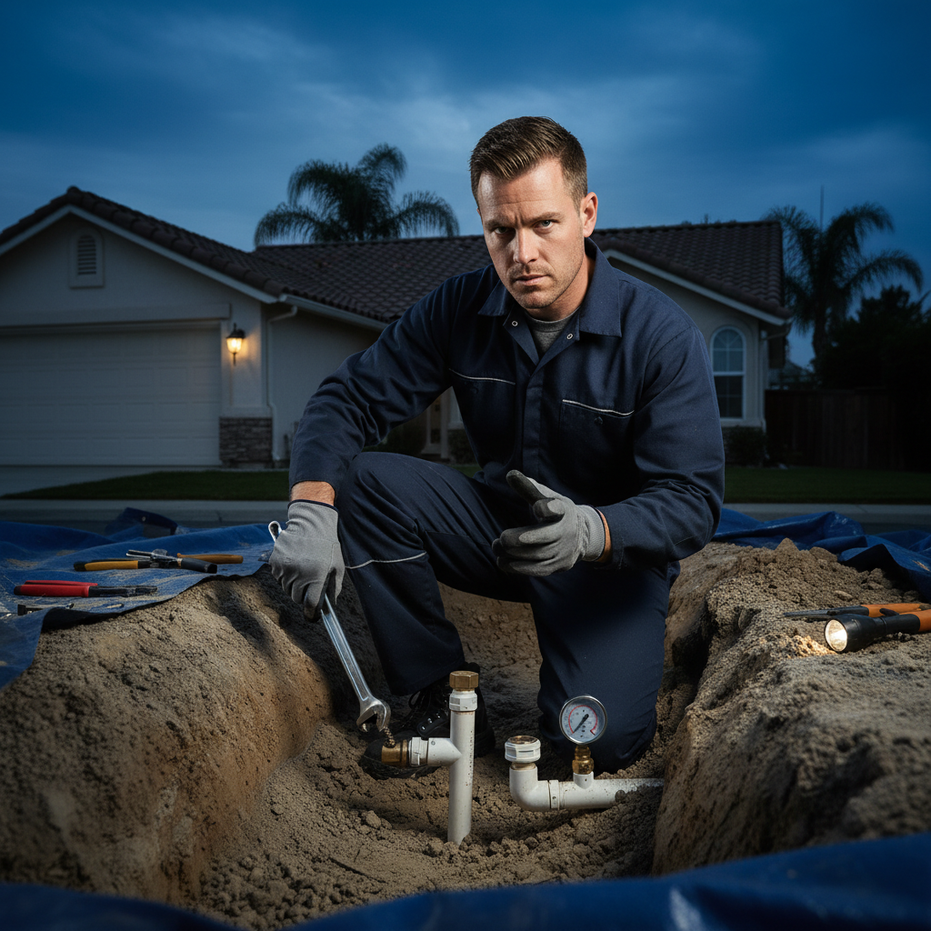 Professional Murgreen technician inspecting a damaged residential water pipe in Lathrop, CA.