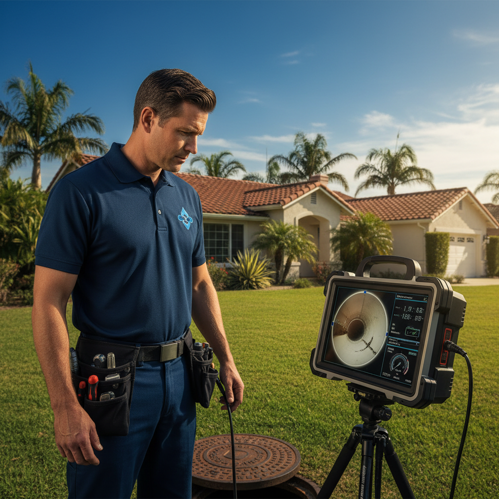 Professional Murgreen technician inspecting a residential pipe line in Manteca, CA using a sewer camera.