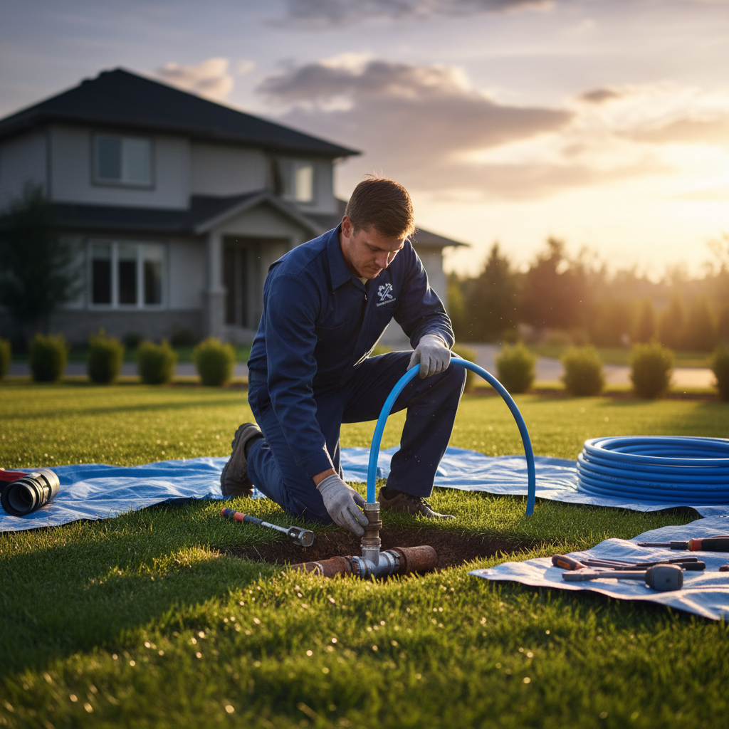 A professional Murgreen technician inspecting a section of clean, new PVC pipe before a trenchless replacement in a suburban Mountain House neighborhood.