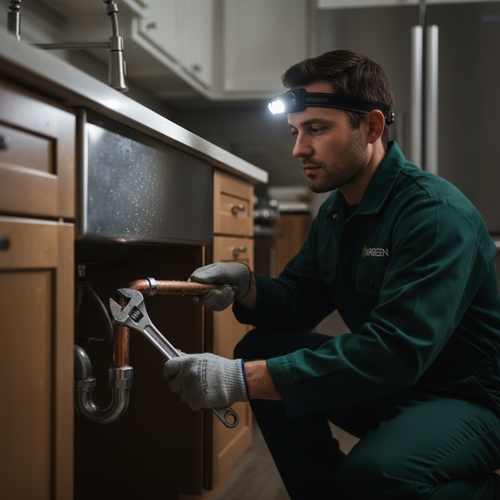 A professional Murgreen technician inspecting a residential water pipe connection point with a focused expression.