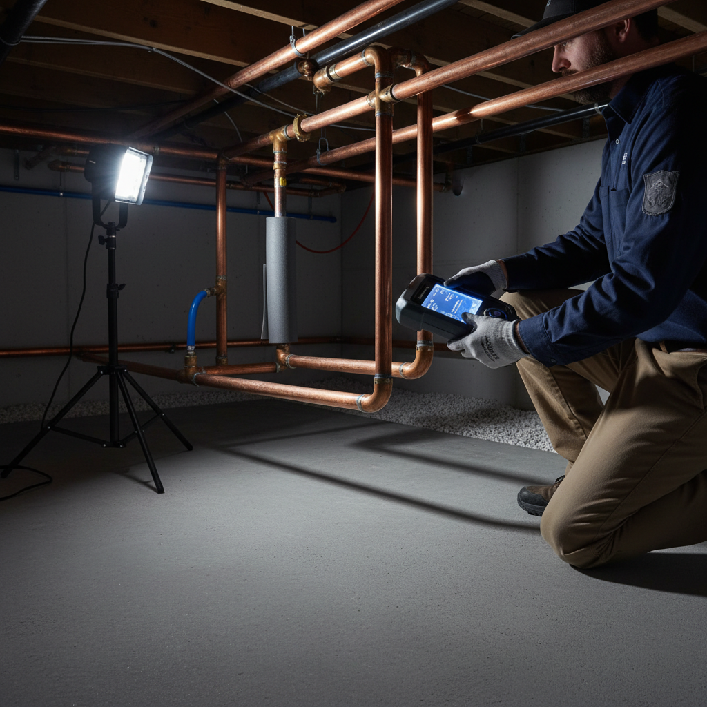 Murgreen Environmental contractor inspecting a section of residential water pipe for repair in a Pittsburg, CA home.