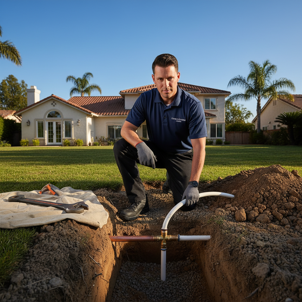 A professional Murgreen Environmental technician inspecting a section of residential water pipe in a cleanly excavated trench in Turlock, CA.