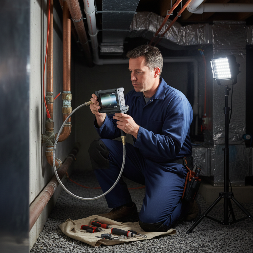 A professional Murgreen technician inspecting a section of residential pipe for repair in Visalia, CA.