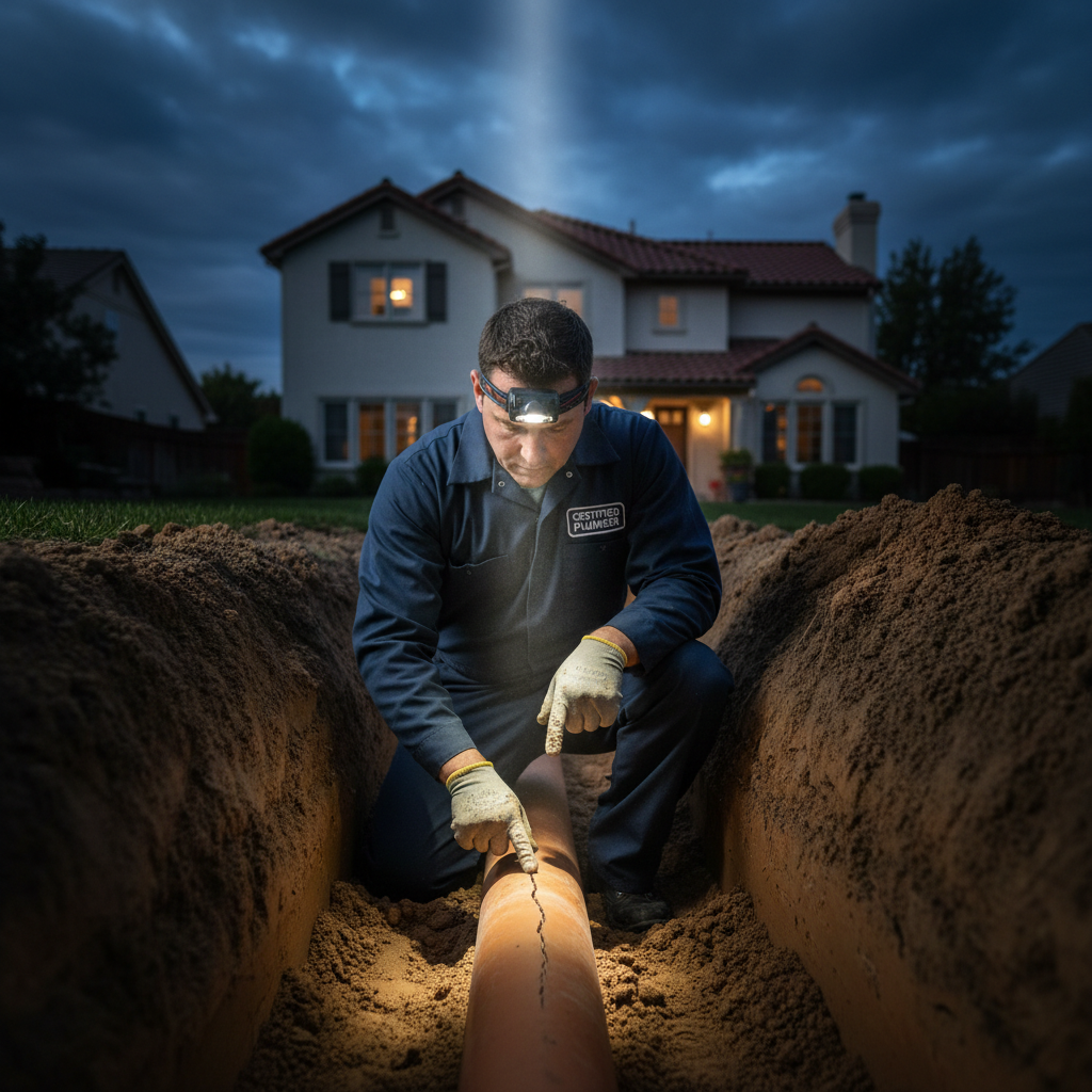 A professional plumber from Murgreen Environmental examining a damaged sewer pipe in a Sacramento yard before replacement.