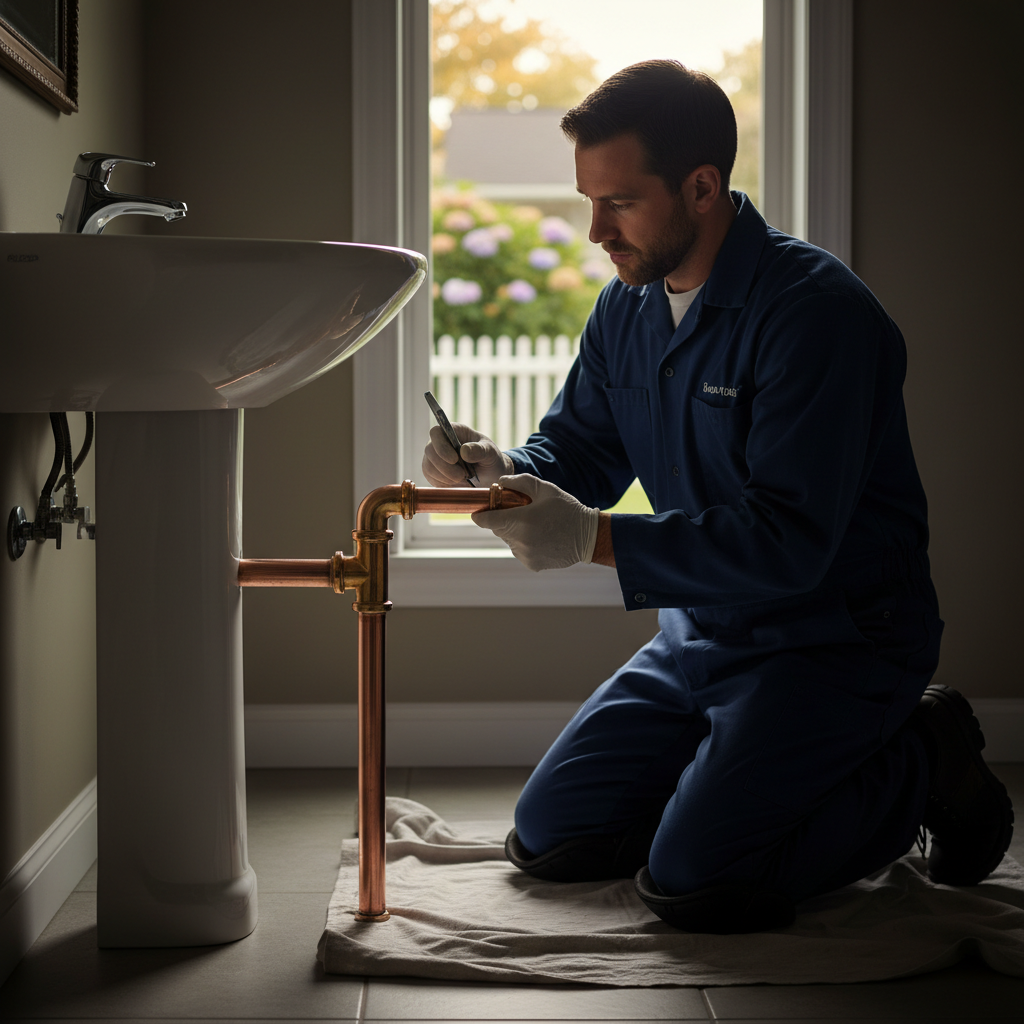 A Murgreen technician inspecting a section of residential water pipe in an excavated area in Alameda, CA.