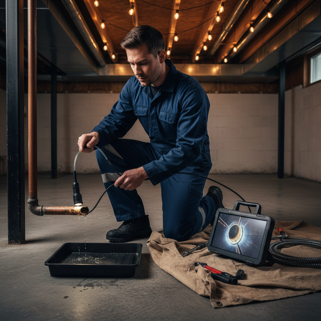Professional plumber inspecting a damaged residential pipe before replacement in Brisbane, California.