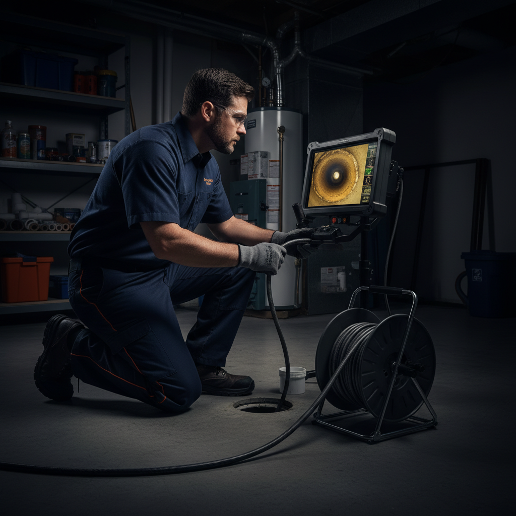 Professional plumber conducting a sewer camera inspection for pipe repair in a Milpitas, California home.