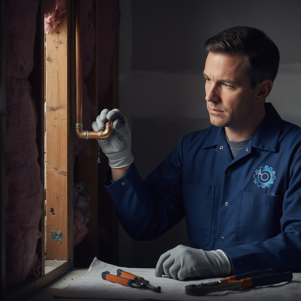A professional Murgreen technician inspecting a section of residential water pipe in a Pinole, California home.