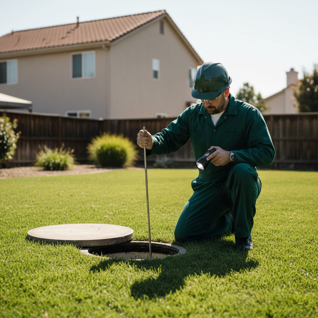 Murgreen Environmental technician inspecting a residential septic system tank in Tracy, CA.
